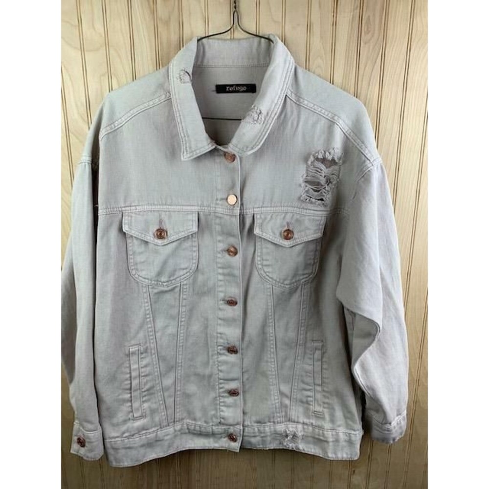 Refuge Size Medium Womens Denim Jacket Tan Rip Torn Distressed